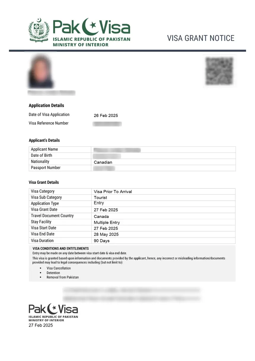 Sample Pakistan eVisa Visa Grant Notice